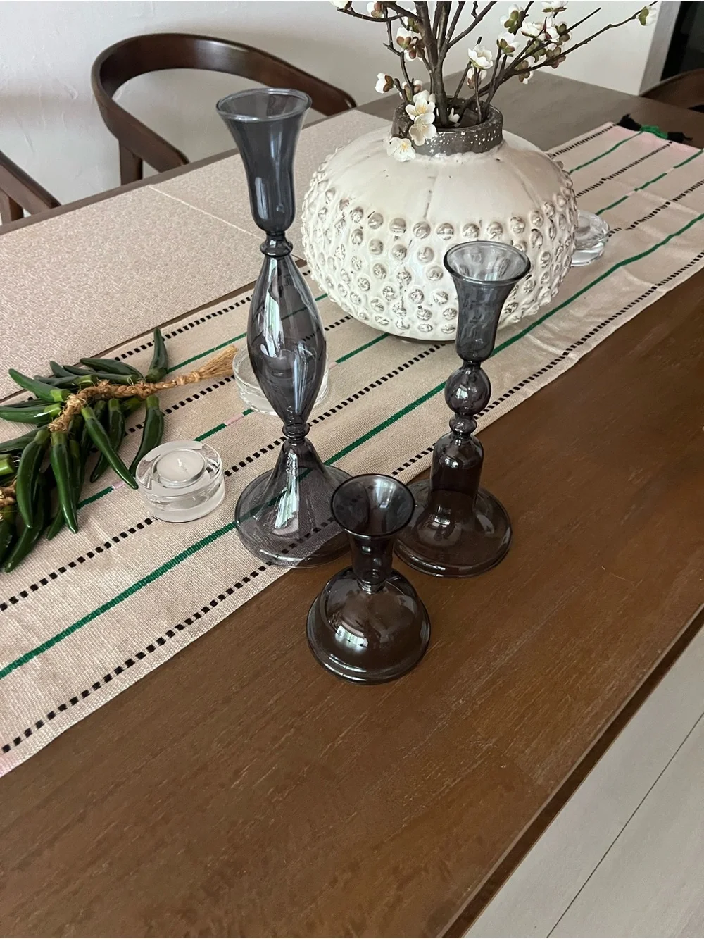 CRATE & BARREL. Smoked Blue Glass Taper Candle Holders - Set of 3